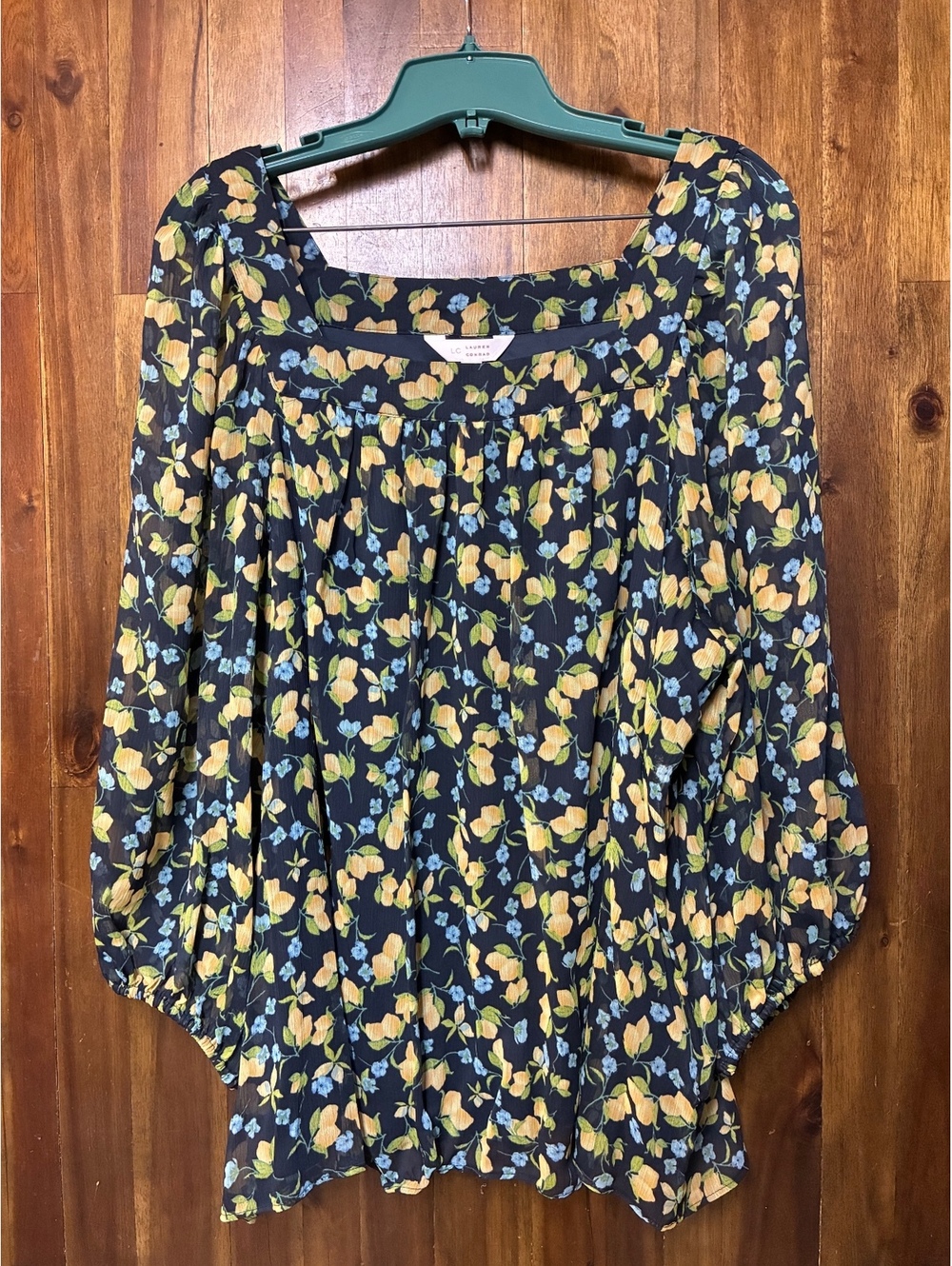 LC Lauren Conrad XXL Navy Lemon Floral Blouse Cottagecore Square Neck Top